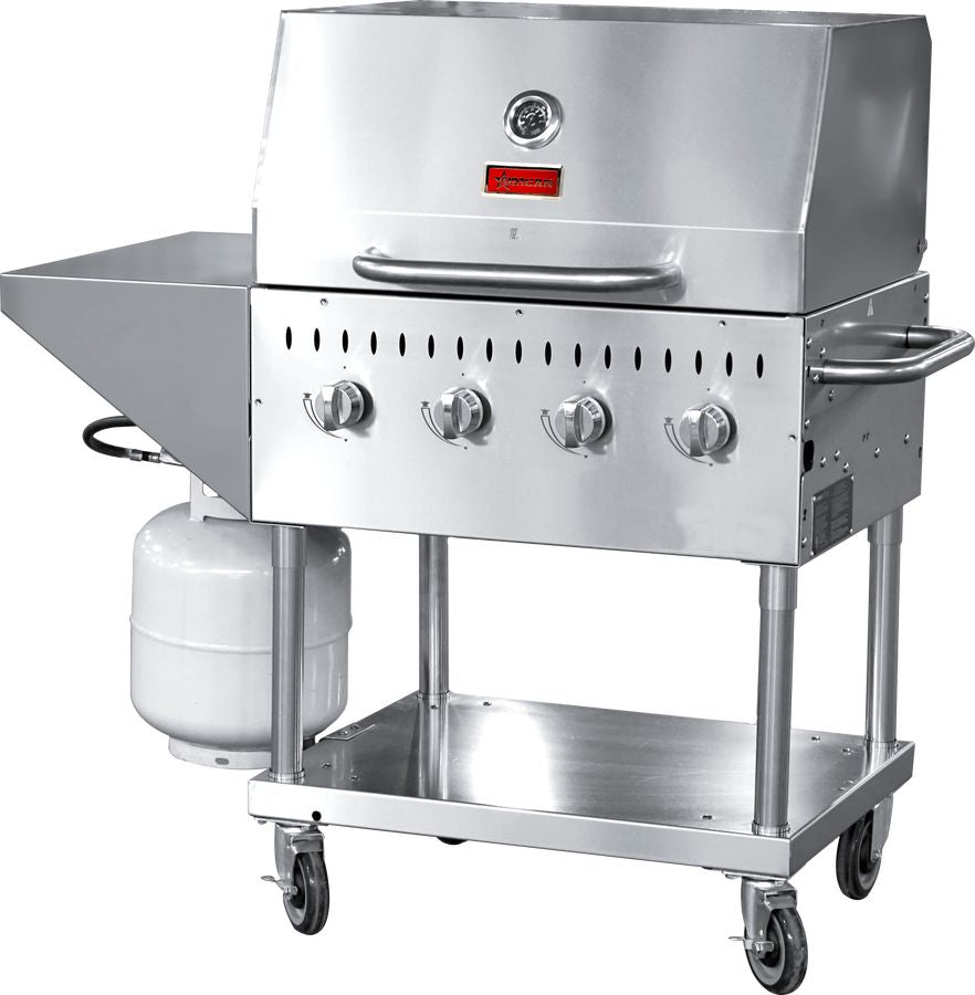 Omcan 47352 Propane Four Burner Stainless Steel Outdoor BBQ Grill, Top And Side Shelf, 1 Roll Dome