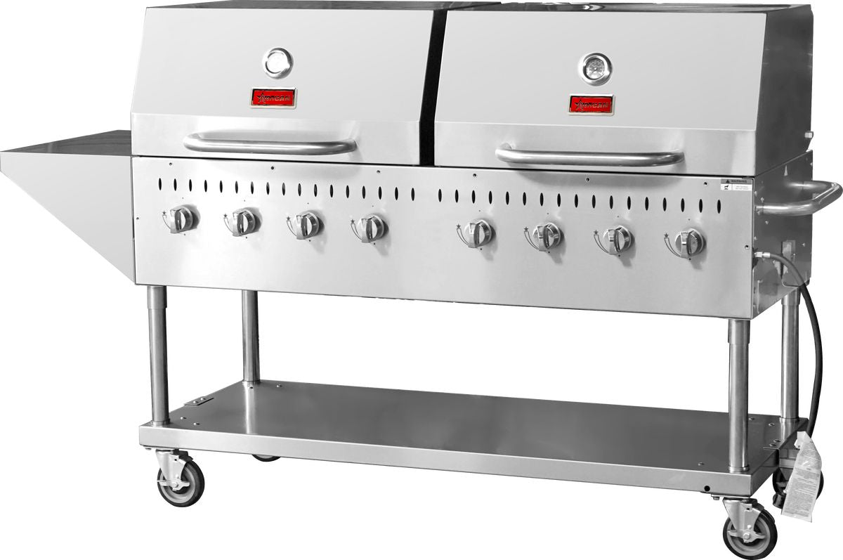 Omcan 47353 Propane 8 Burners Stainless Steel Outdoor BBQ Grill, Top And Side Shelf, 2 Roll Domes