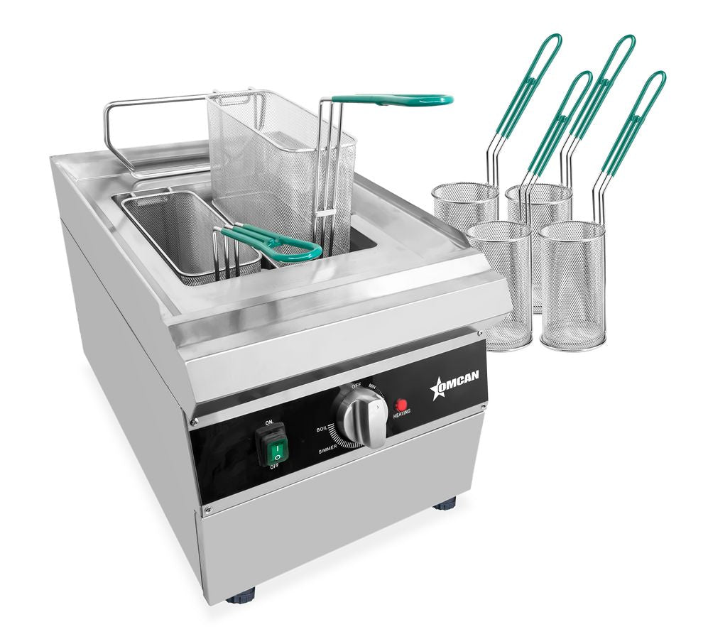 Omcan 47503 2.4 Gallon (9 Liter) Electric Single Tank Pasta Cooker with 4 Round Baskets, 2 Rectangular Baskets - 1 Ph