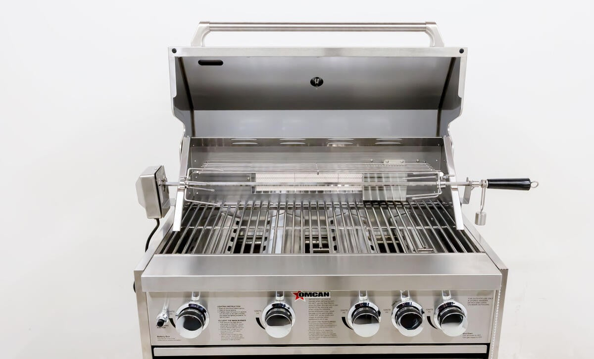 Omcan 47876 30" Propane 5 Burners BBQ Grill Gas with Rotisserie Kit, Warming Rack, LED Light