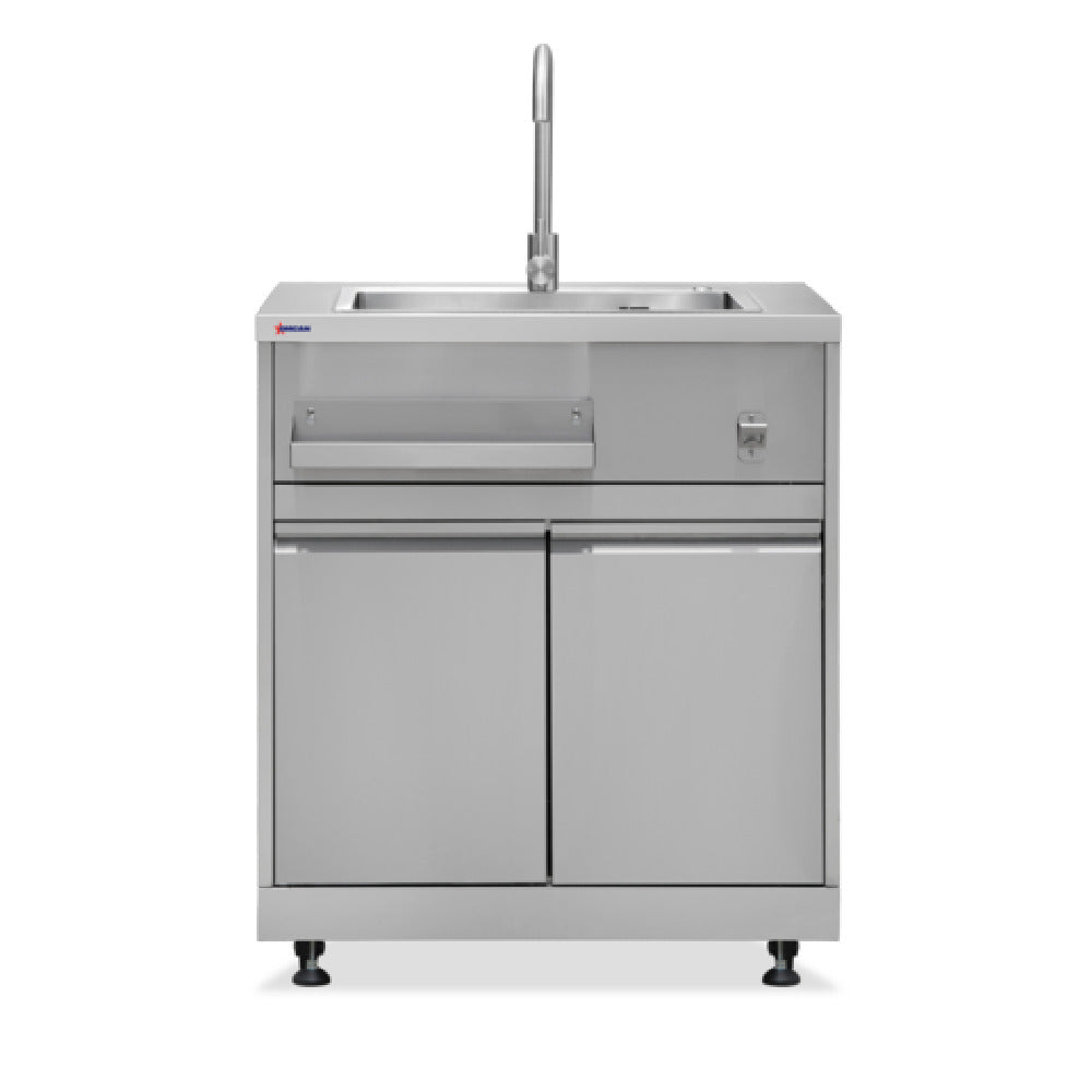 Omcan 47961 32" Stainless Steel Hand Sink Cabinet Stand With Faucet, Water Pipe, 2-Door Storage, Storage Tray
