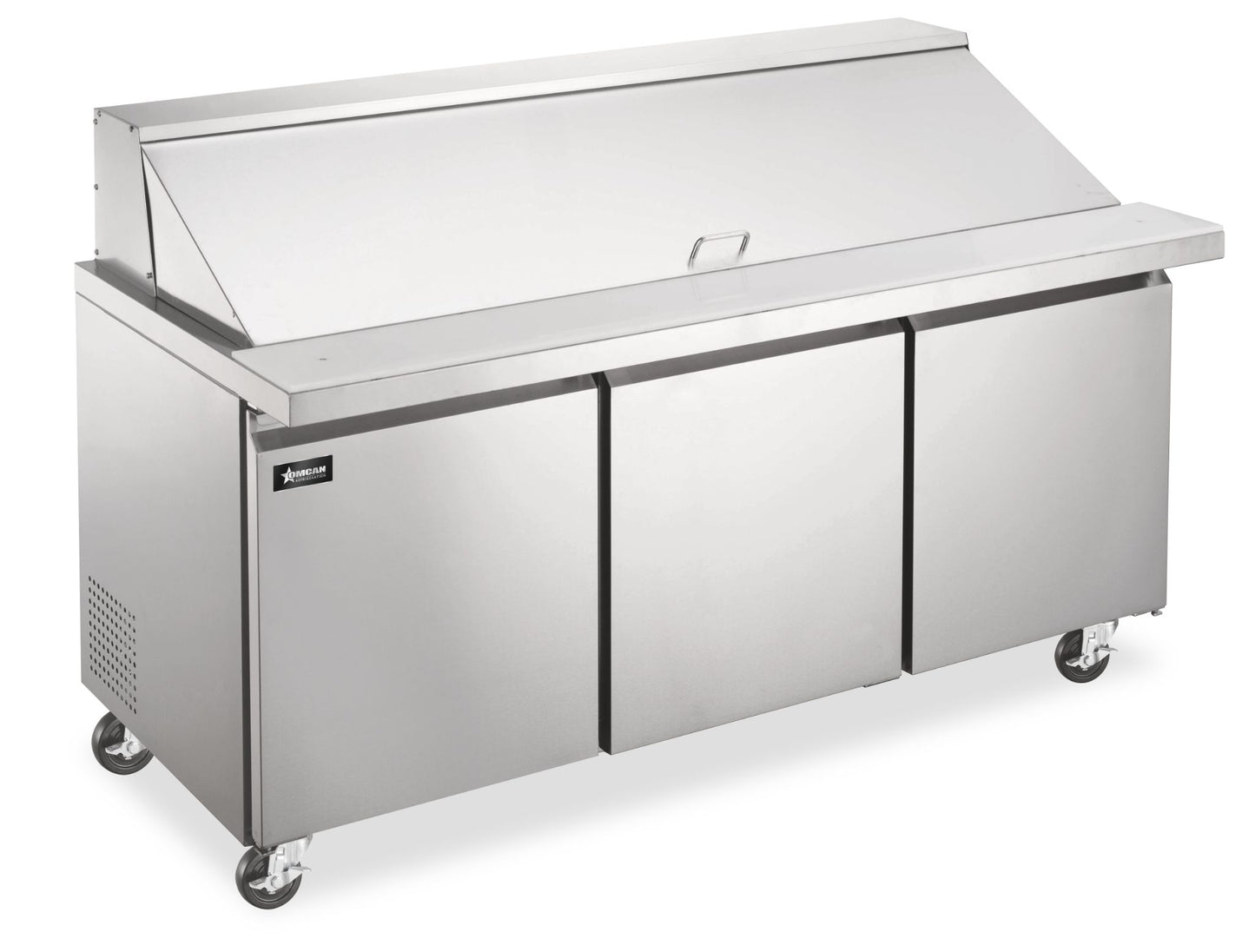 Omcan 50130 19.5 cu.ft (552 L) 71" 3-Door Stainless Steel Mega Top Refrigerated Prep Table