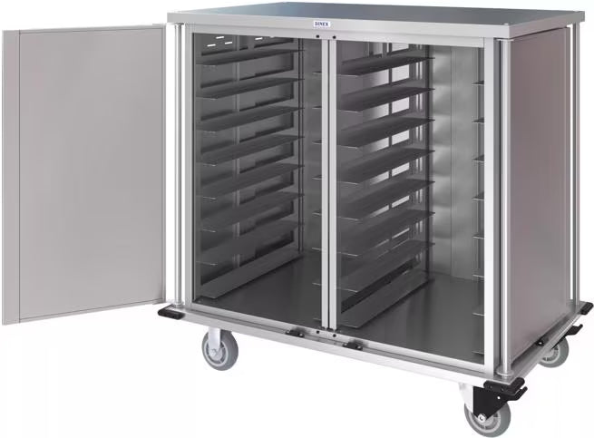 Dinex DXPTQC2T2D32 2 Trays Per Slide 32 Trays Double Door Stainless Steel Totally Quiet Compact Meal Delivery Cart