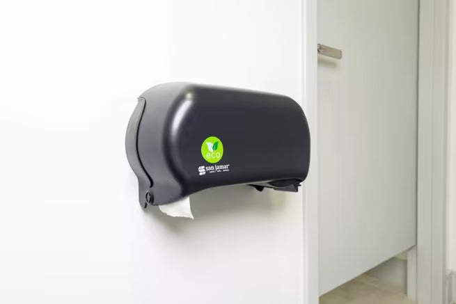 San Jamar R3600REBK Black Dual Classic ecoLogic Versatwin Standard Roll Tissue Dispenser 1.5" Core