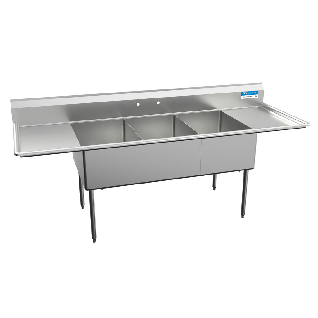 BK Resources BKS-3-2030-12-20T 3-Compartment Stainless Steel Sink w/ Dual 20" Drainboards 30L X 20W X 14D Bowls