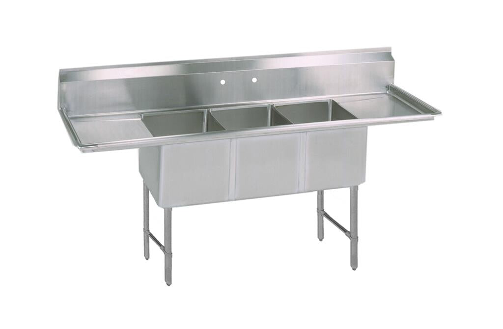 BK Resources BKS6-3-1824-14-18TS 3-Compartment Stainless Steel Sink 10" Riser & Drainboards 24L X 18W X 14D Bowls
