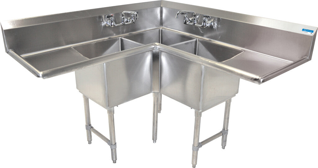 BK Resources BKCS-3-18-14-24TS 3-Compartment Stainless Steel Corner Sink, 18X18X14 Bowls, 2-24 DB w/ Stainless Steel Legs & Bracing