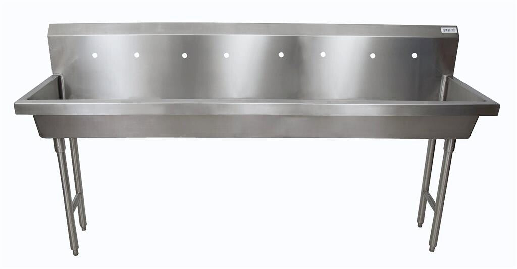 BK Resources MSHS-96F2 96" 4-Station Stainless Steel Freestanding Handwash Sink, 8" O.C. Splash Mount