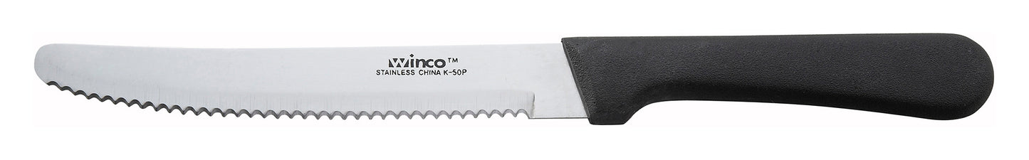 Winco K-50P Black Round TIp Polypropylene Handle Steak Knives, 5" Blade