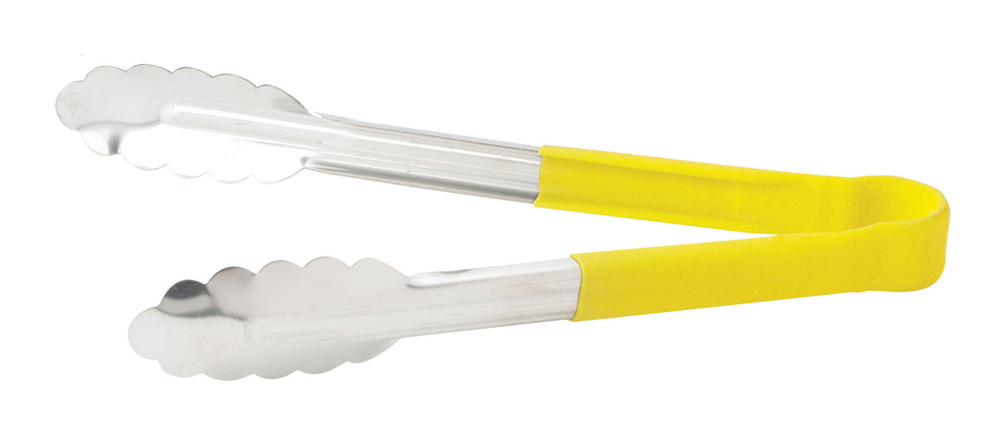 Winco UTPH-9Y 9" Yellow Stainless Steel Utility Tong, Polypropylene Handle