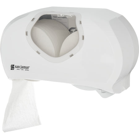 San Jamar R3670WHCL White/Clear Dual Summit Versatwin Standard Roll Tissue Dispenser, 1.5" core