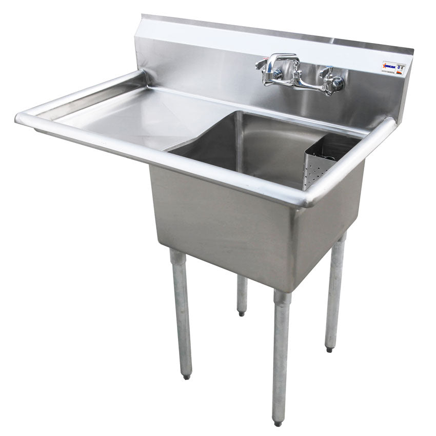 Omcan 25263 18" x 21" x 14" One Tub Sink with 1.8" Corner Drain and Left Drain Board