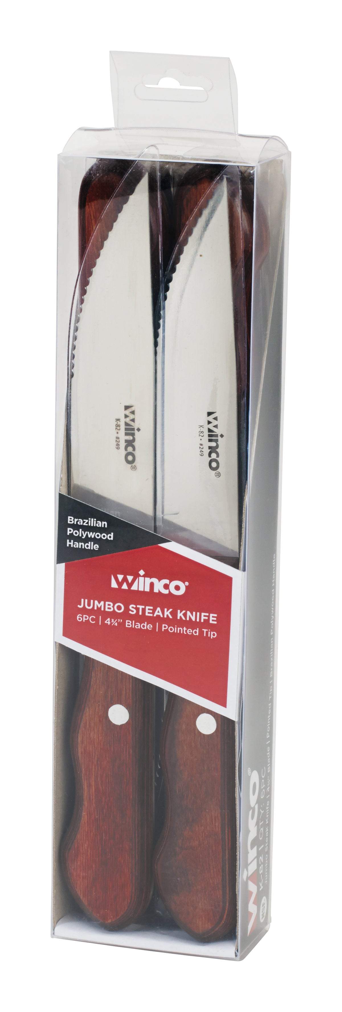 Winco K-82 4-3/4" Blade Jumbo Pointed Tip Polywood Handle Steak Knives (6pcs/Pack)