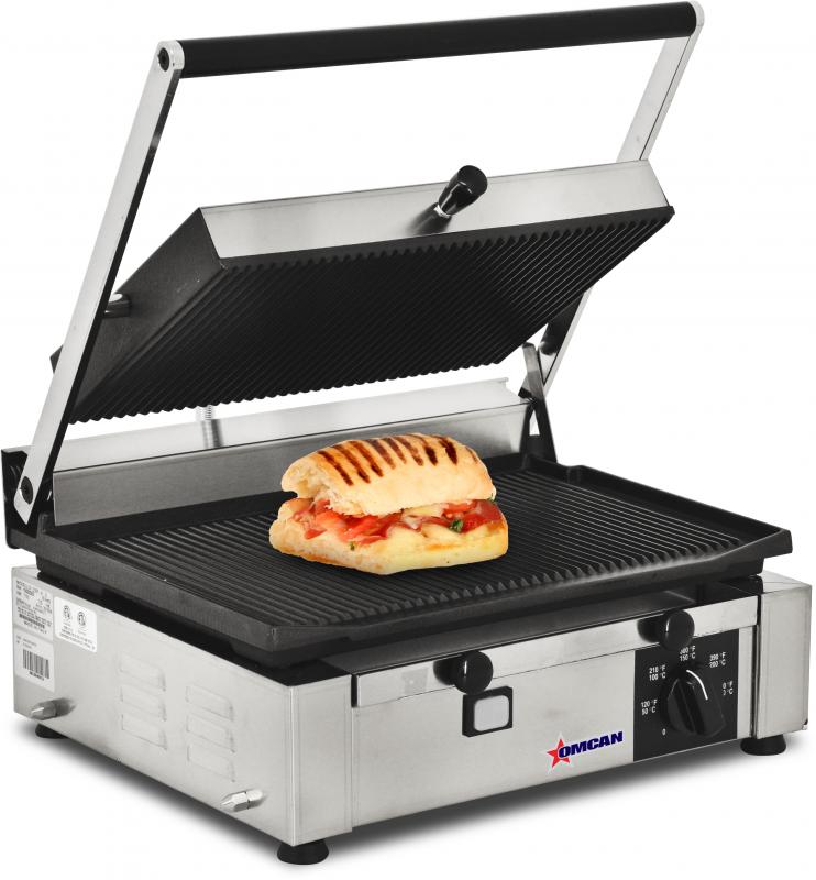 Omcan 11377 Elite Series 10" x 14" Single Panini Grill with Top and Bottom Grooved Grill Surface