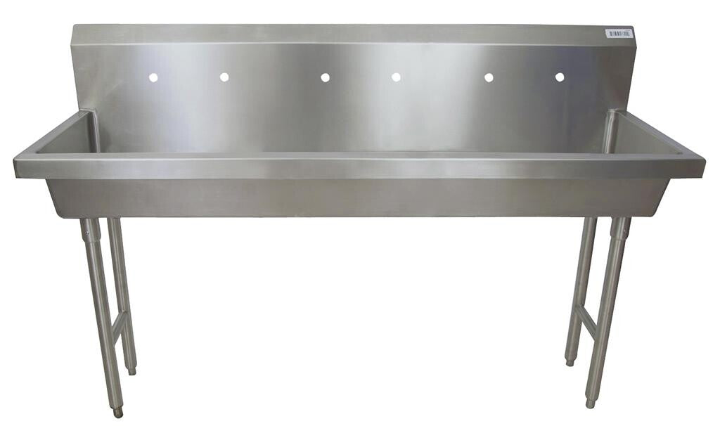 BK Resources MSHS-72F2 72" 3-Station Stainless Steel Freestanding Handwash Sink, 8" O.C. Splash Mount