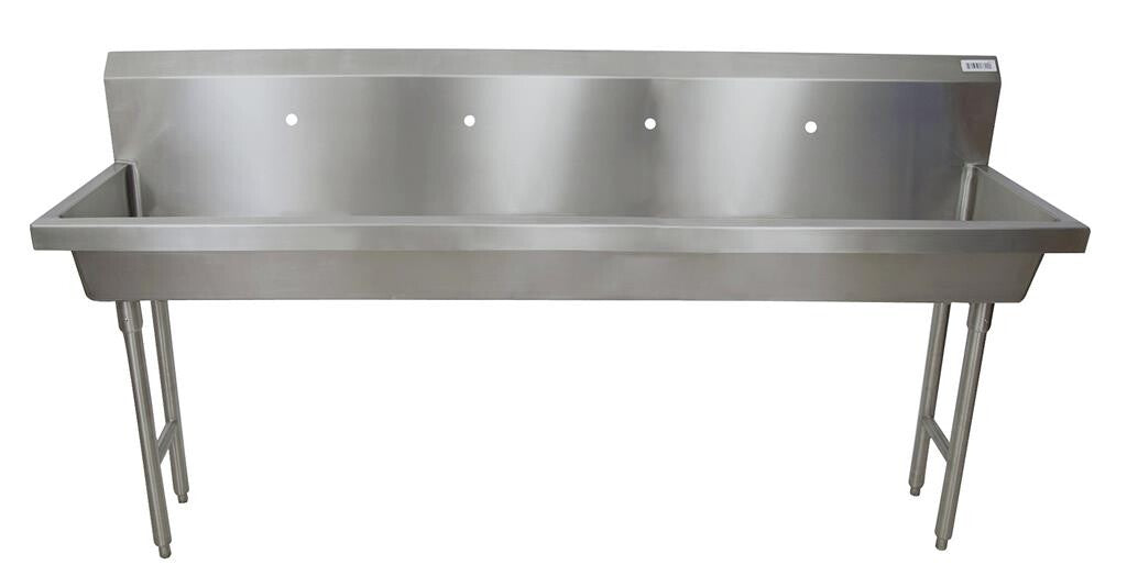 BK Resources MSHS-96F1 96" 4-Station Stainless Steel Freestanding Handwash Sink, Single Hole Splash Mount