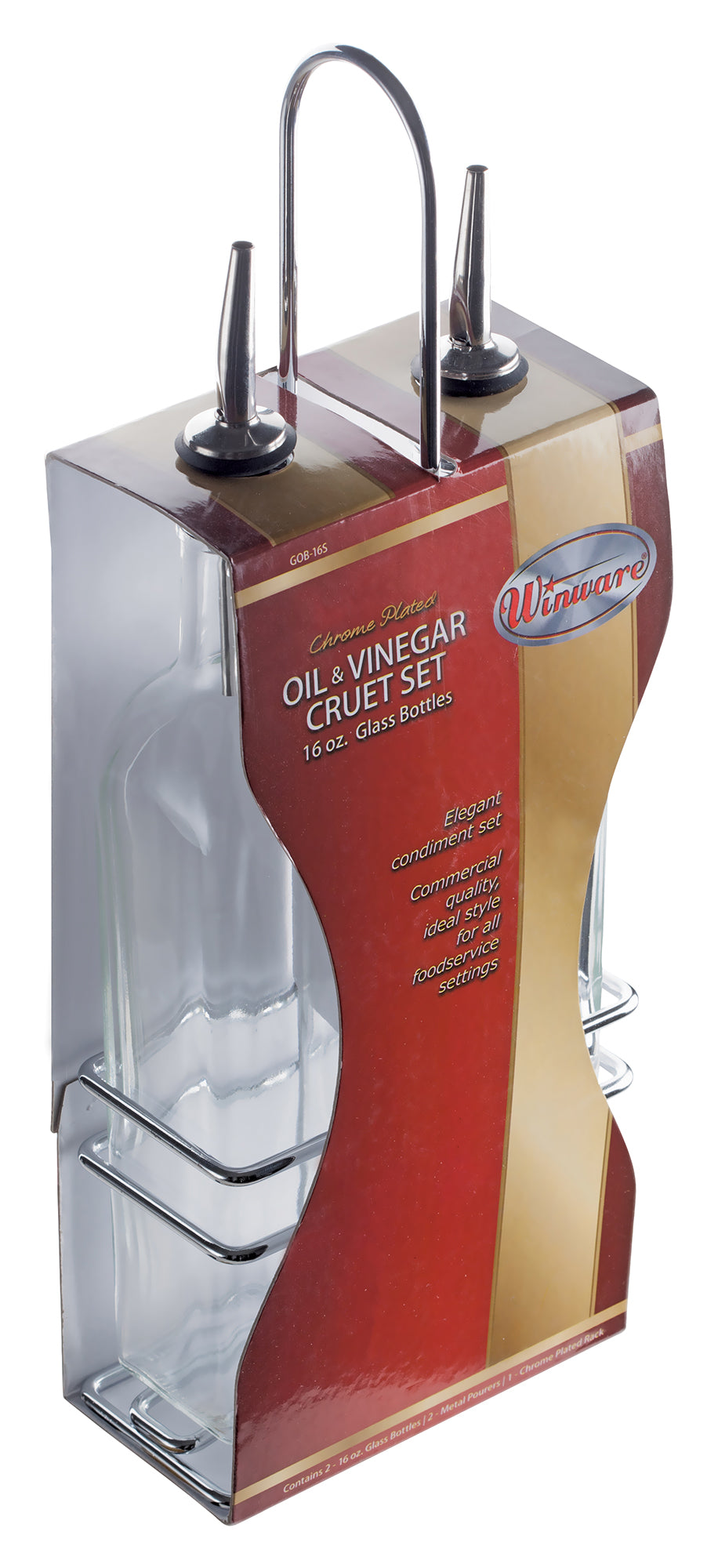 Winco GOB-16S Oil/Vinegar Cruet Set w/ Chrome Plated Rack & Two 16oz Bottles