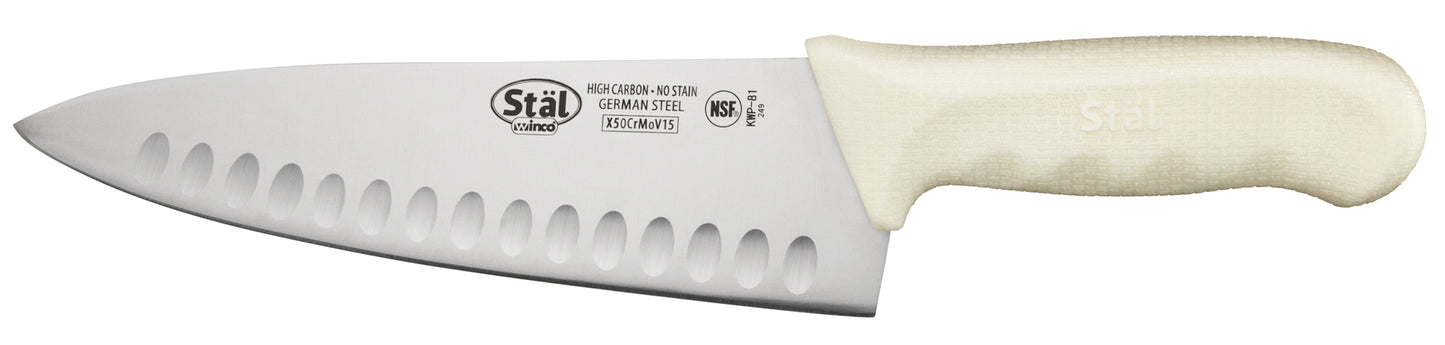 Winco KWP-81 8" White Polypropylene Handle Hollow Ground Cook's Knife