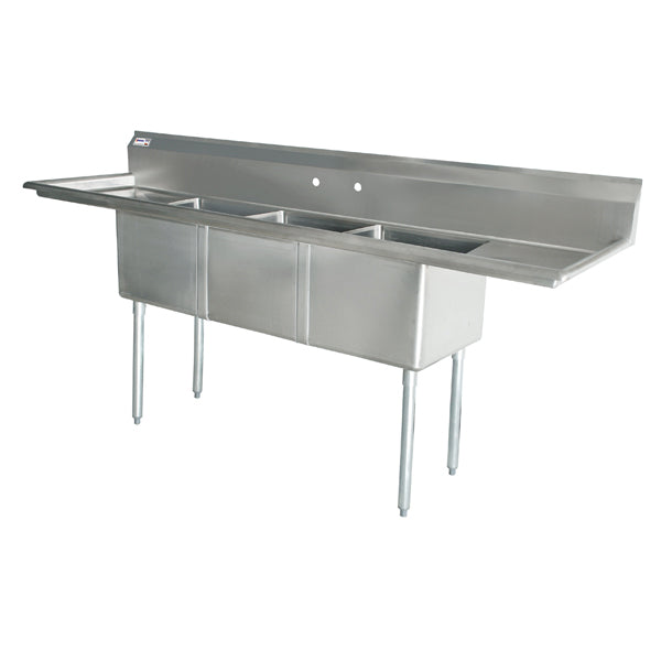 Omcan 43756 10" x 14" x 10" Three Tub Sink with 3.5" Center Drain and Two Drain Boards