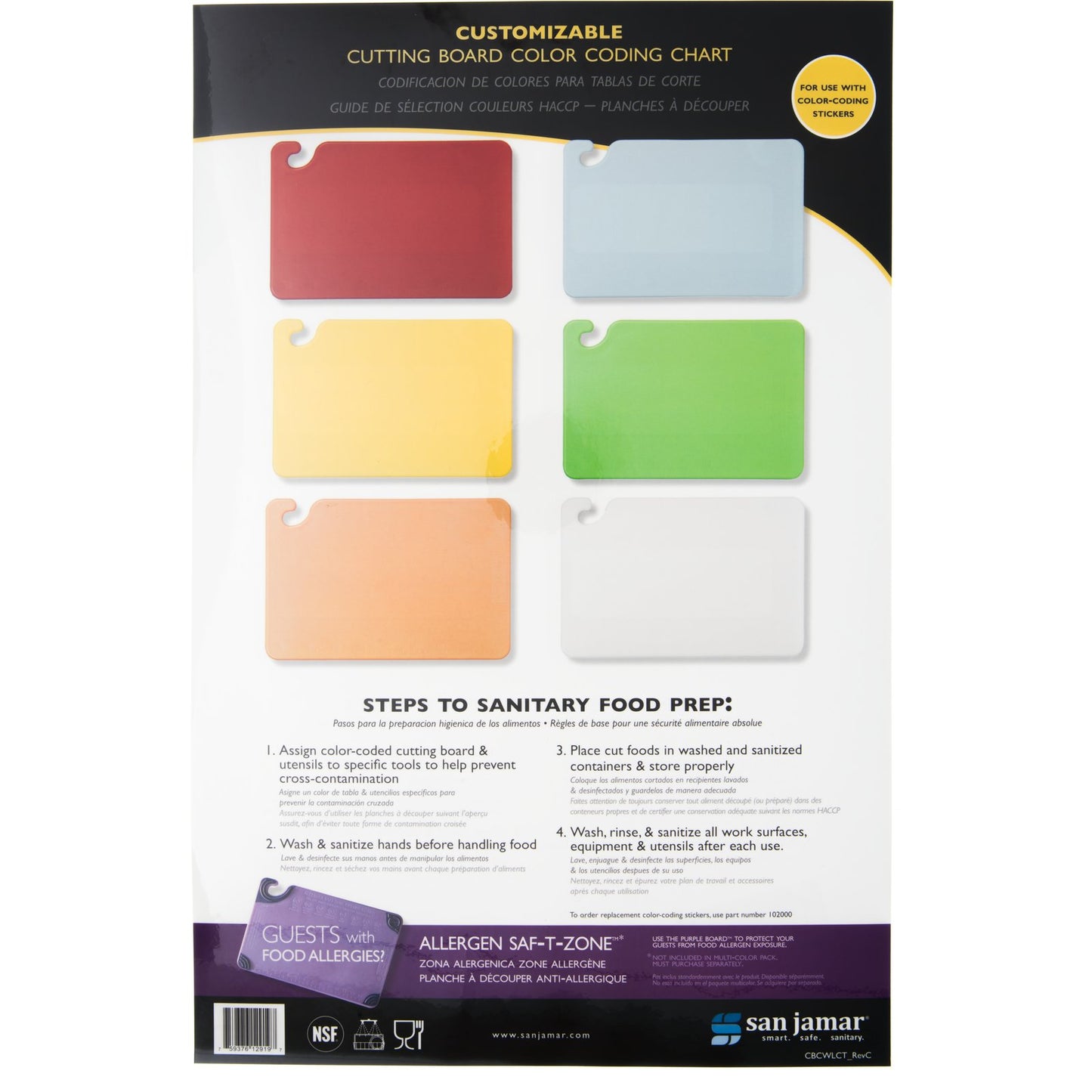 San Jamar CBCWLCTST Cut-N-Carry 6 Board Cutting Board Color Coding Chart