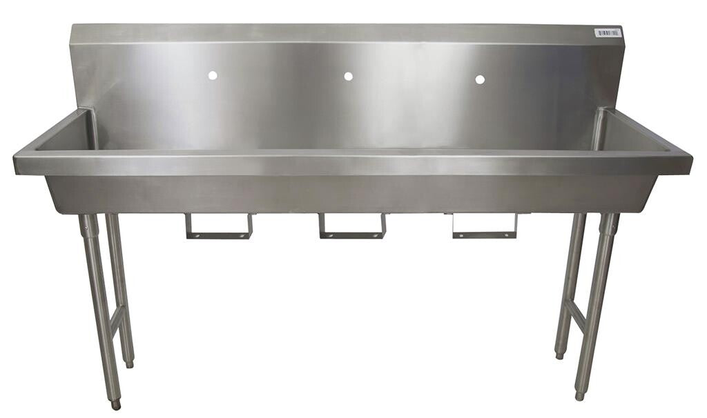BK Resources MSHS-72F1B 72" 3-Station Stainless Steel Freestanding Handwash Sink,1 Hole Splash Mount, Bracket