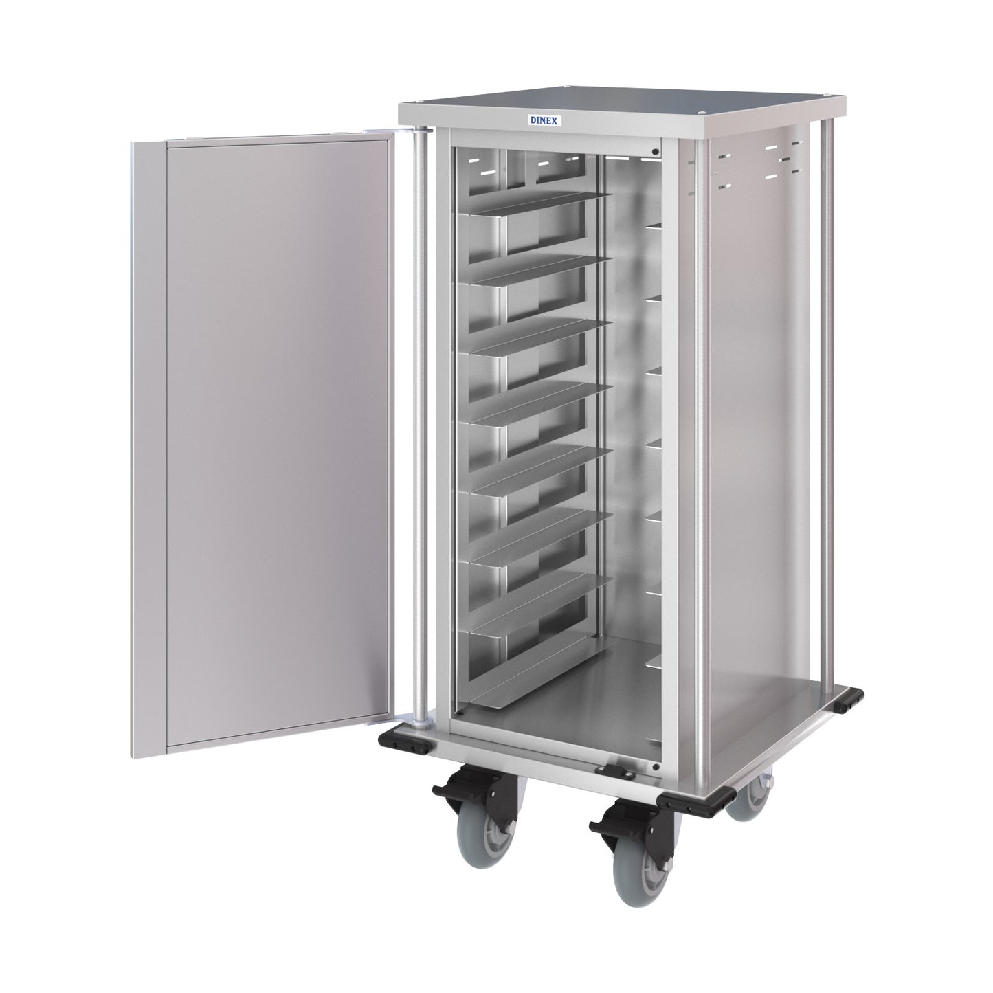 Dinex DXPTQC1T1D8 1 Tray Per Slide 8 Trays Single Door Stainless Steel Totally Quiet Compact Meal Delivery Cart