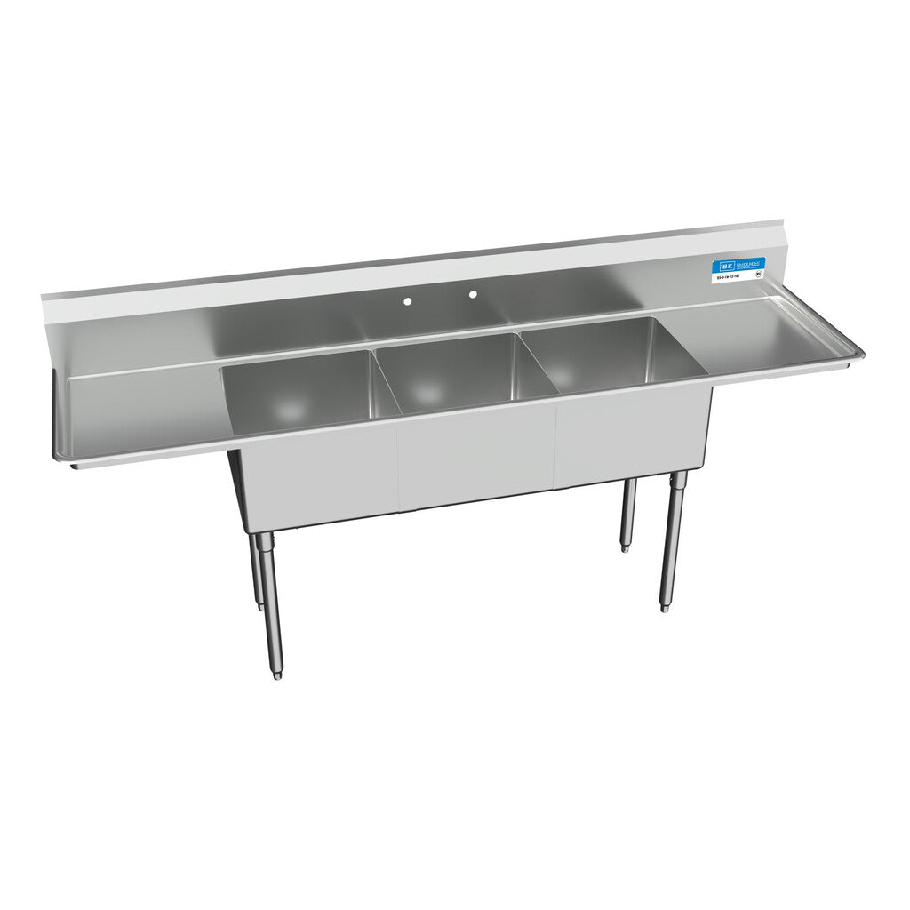 BK Resources ES-3-18-12-18T 3-Compartment Stainless Steel Economy Sink Dual 18" Drainboards 18L X 18W X 12D Bowls