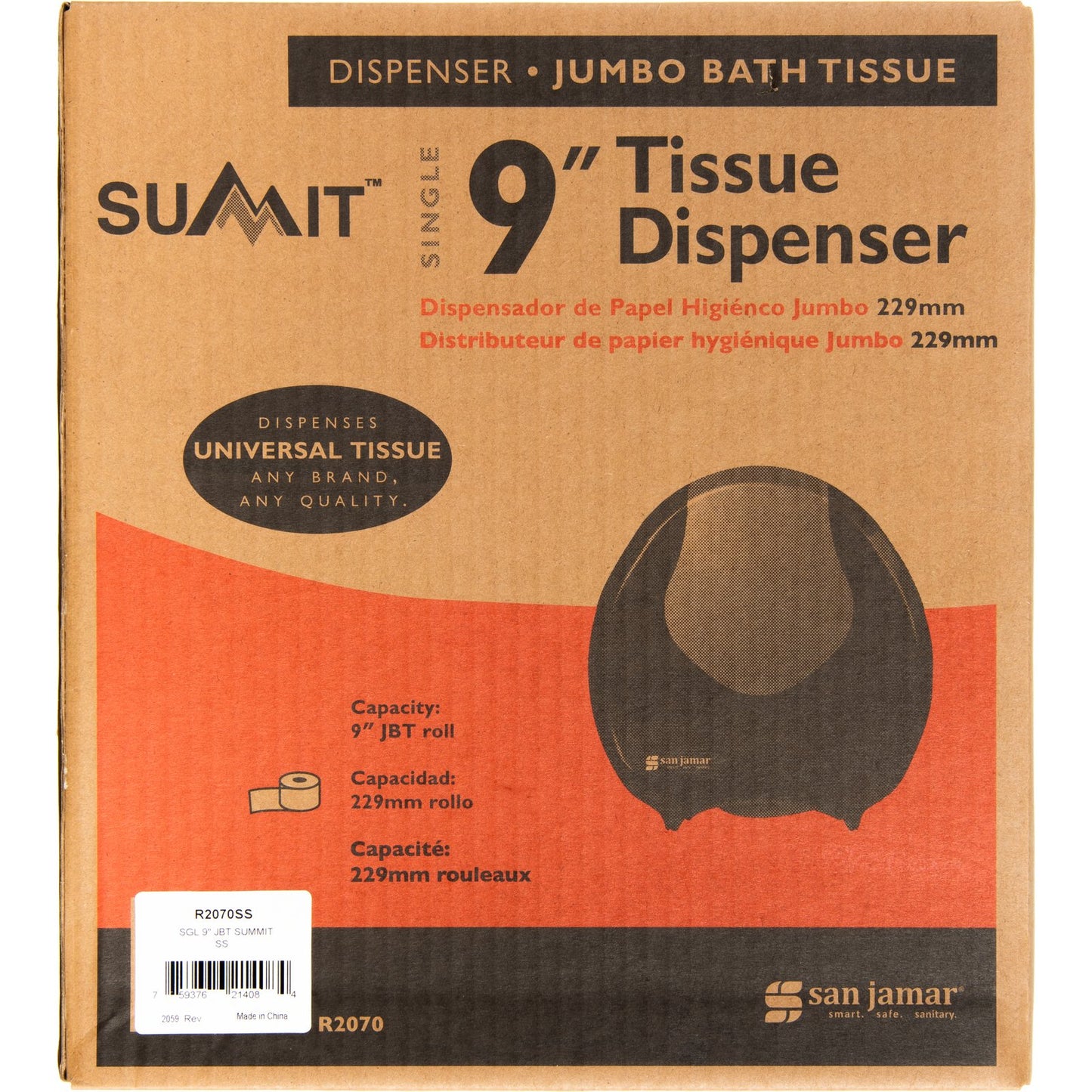 Carlisle R2070SS 9" Black-Stainless Steel Single ABS Summit Jumbo Bath Tissue Dispenser, 3.25" core