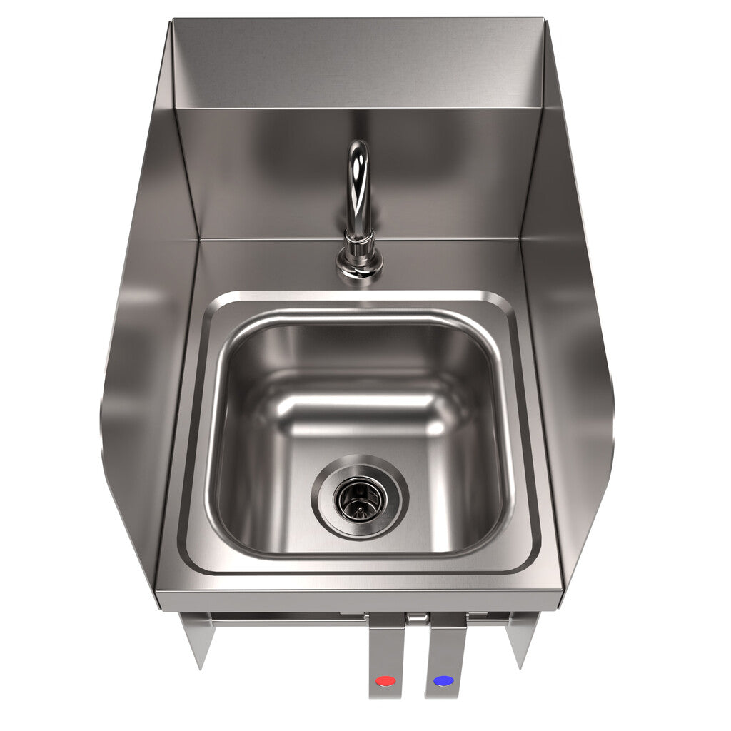 BK Resources BKHS-D-SS-1-SS-BKKPG Stainless Steel Space Saver Deck Mount Hand Sink w/ Sidesplashes Faucet & Knee Valve
