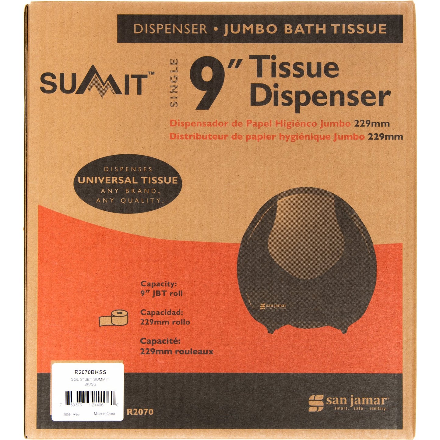 Carlisle R2070BKSS 9" Black-Stainless Steel Single High Impact Plastic Summit Jumbo Bath Tissue Dispenser, 3.25" core