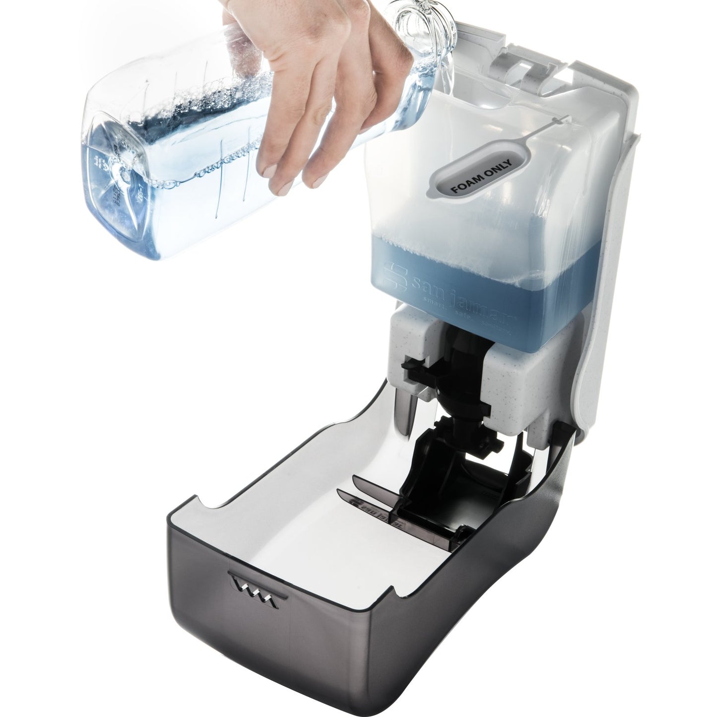 San Jamar SF1300TBK 1300 mL Black Pearl Manual Plastic Rely Soap & Sanitizer Dispenser, Foam