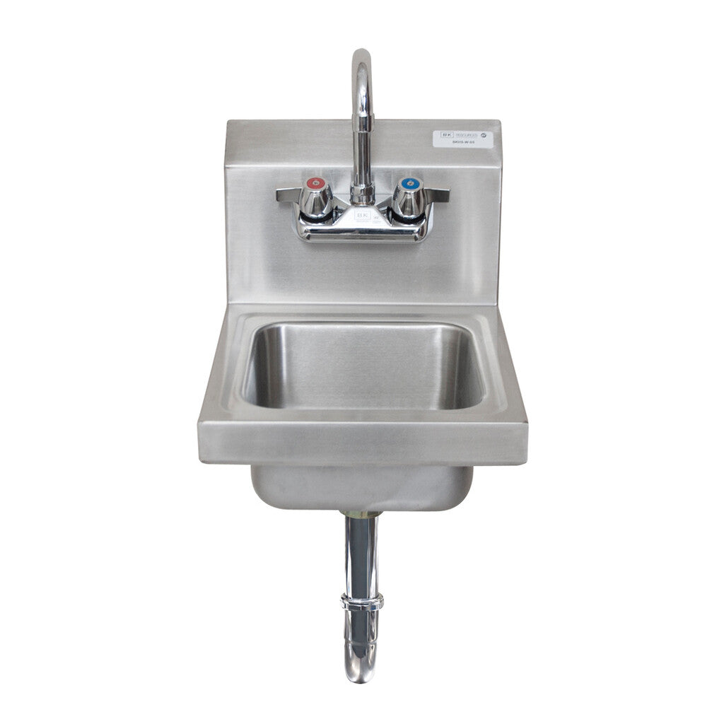 BK Resources BKHS-W-SS-PT-G Stainless Steel Space Saver Hand Sink w/ Faucet, P-Trap, 2 Holes, 9" Wide X 9"