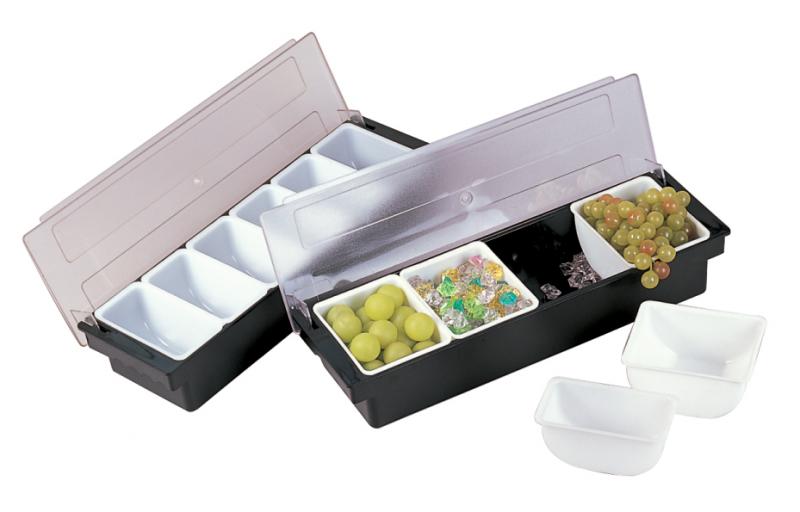 Omcan 80592 Black 6-Compartment Plastic Condiment Holder with Clear Cover