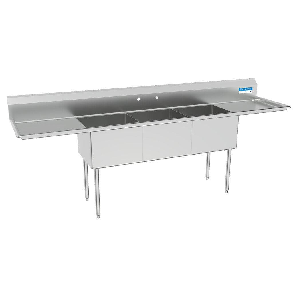 BK Resources BKS-3-20-14-24T 3-Compartment Stainless Steel Sink w/ Dual 24" Drainboards 20L X 20W X 14D Bowls
