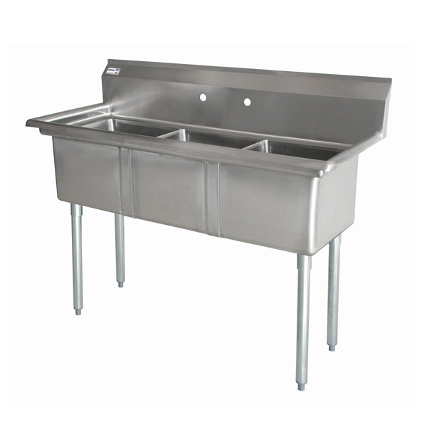 Omcan 43758 10" x 14" x 10" Three Tub Sink with 3.5" Center Drain and No Drain Board