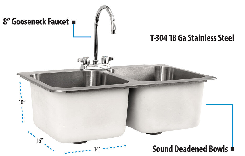 BK Resources DDI2-14161024-P-G 2-Compartment Stainless Steel Dropin Sink w/Faucet 16L X 14W X 10D Bowls
