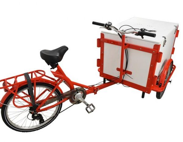 Omcan 46659 Red Front Load Ice-Cream Bike / Cargo Bike with Non-Insulated White Wooden Box and Vending Lid