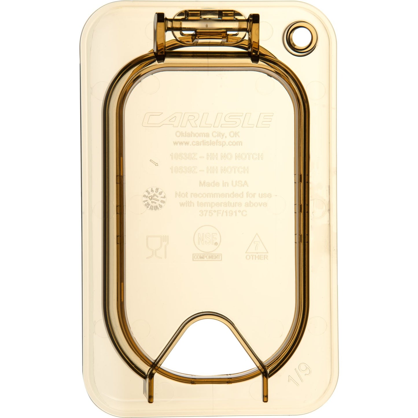 Carlisle 10539Z13 1/9 Size Amber High Heat Plastic StorPlus EZ Access Hinged Universal Food Pan Lid