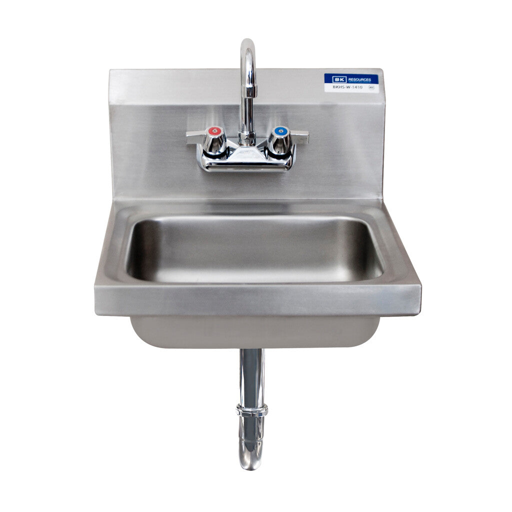 BK Resources BKHS-W-1410-PT-G Stainless Steel Hand Sink w/ Faucet, P-Trap, 2 Holes 14”x10”x5”