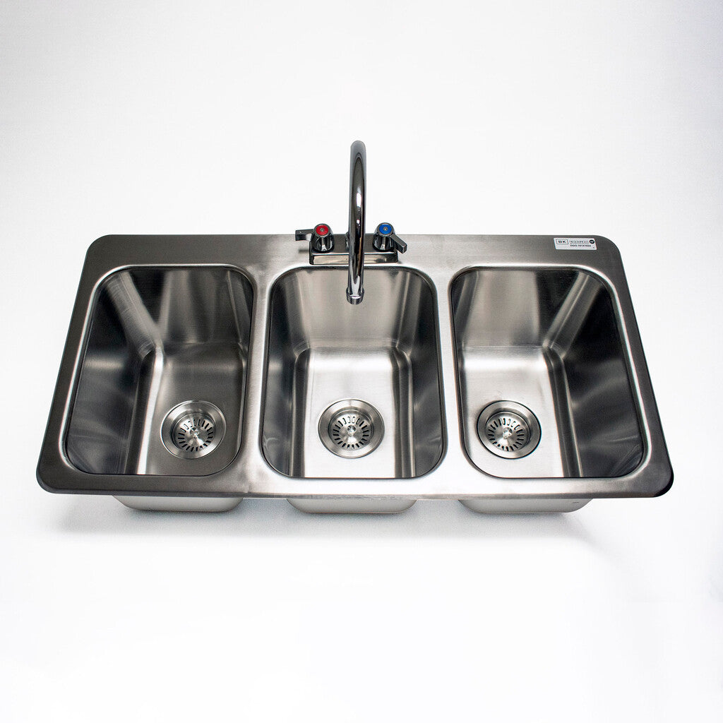 BK Resources DDI3-10141024-P-G 3-Compartment Stainless Steel Dropin Sink 14L X 10W X 10D Bowls w/Faucet