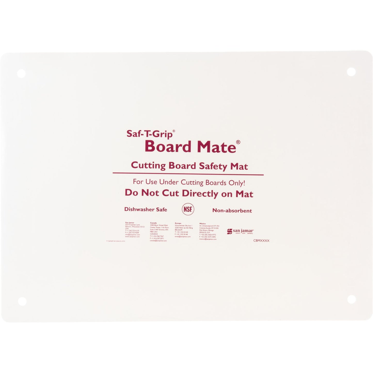 San Jamar CBM1622 16" x 22" White Saf-T-Grip Cutting Board Mate