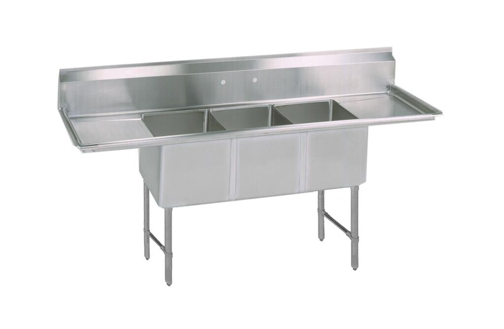 BK Resources BKS6-3-1620-14-24TS 3-Compartment Stainless Steel Sink 10" Riser, Dual 24" Drainboards 20L X 16W X 14D Bowls