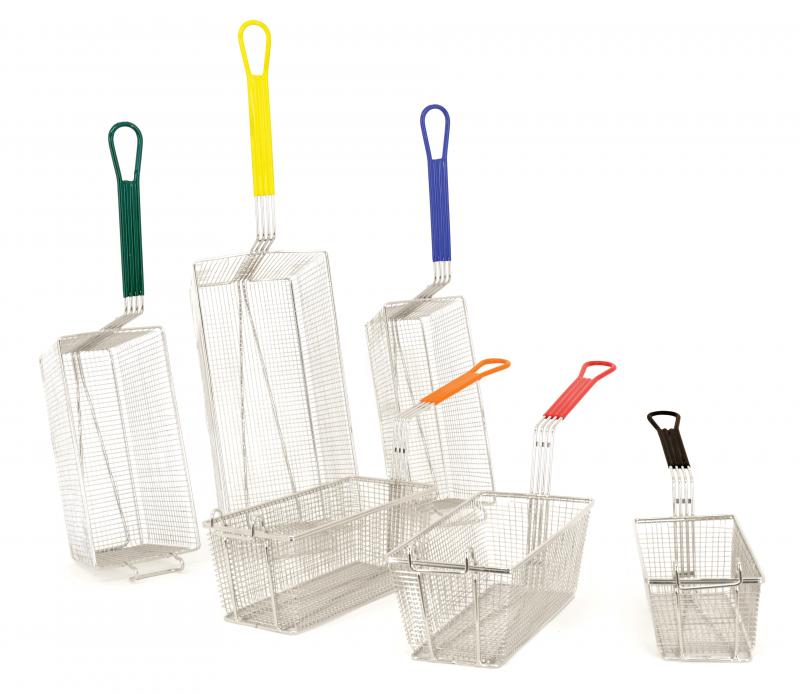 Omcan 80554 12 1/8" x 6 5/16" x 5 5/16" Nickel-Plated Iron Fryer Basket with Orange Handle