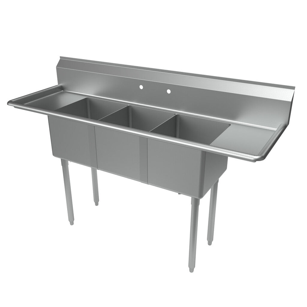 BK Resources BKS-3-1416-12-12TS 3-Compartment Stainless Steel Sink 14X16X12D 2-12" DB w/ Stainless Steel Legs & Bracing