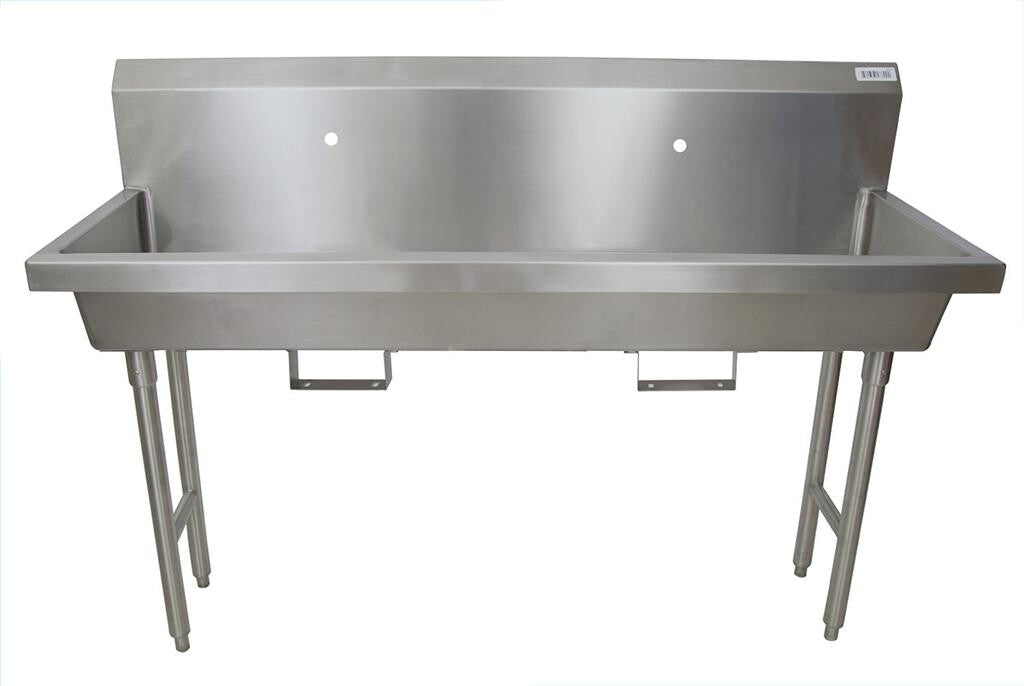 BK Resources MSHS-60F1B 60" 2-Station Stainless Steel Freestanding Handwash Sink, 1 Hole Splash Mount, Bracket