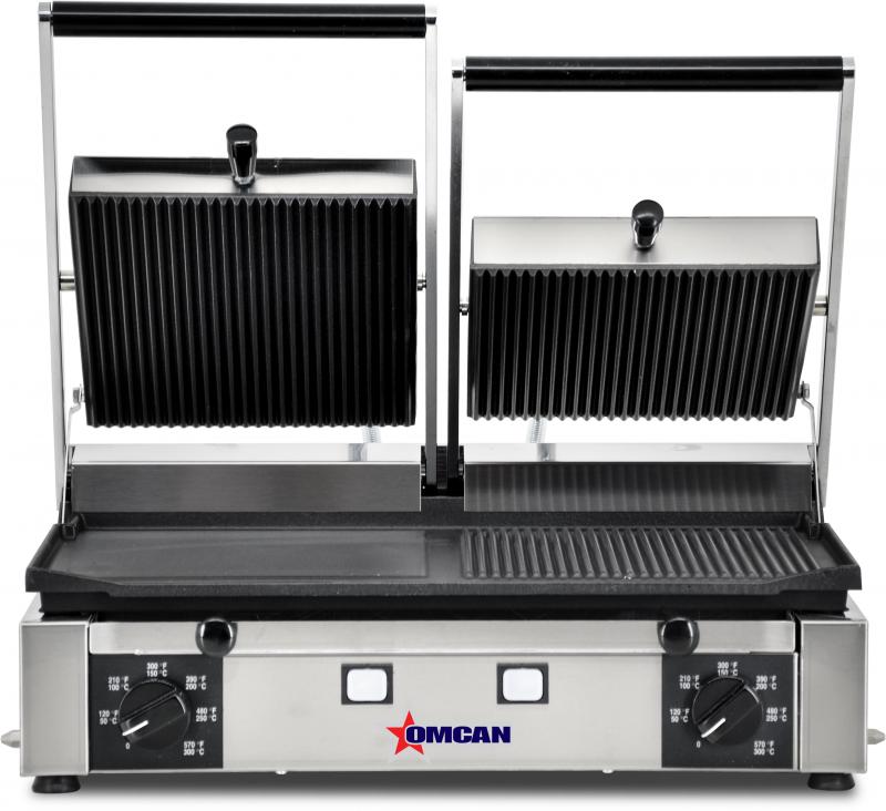 Omcan 11380 Elite Series 10" x 19" Double Panini Grill with Ribbed Top and 1/2 Grooved and Smooth Bottom Grill Surface