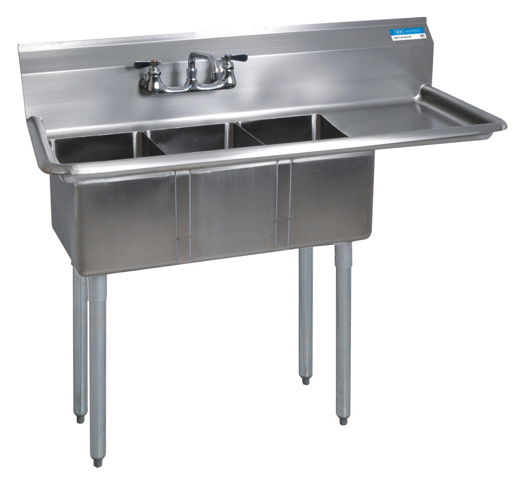 BK Resources BKS-3-1014-10-15RS 3-Compartment Stainless Steel Sink 10" Riser, Dual 24" Drainboards 20L X 16W X 14D Bowls