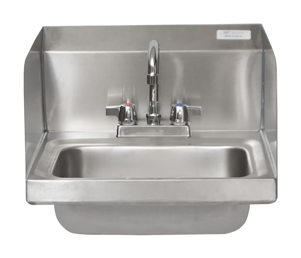BK Resources BKHS-D-1410-SS-P-G Stainless Steel Hand Sink w/ Side Splashes, Faucet 2 Holes 14"Wx10"