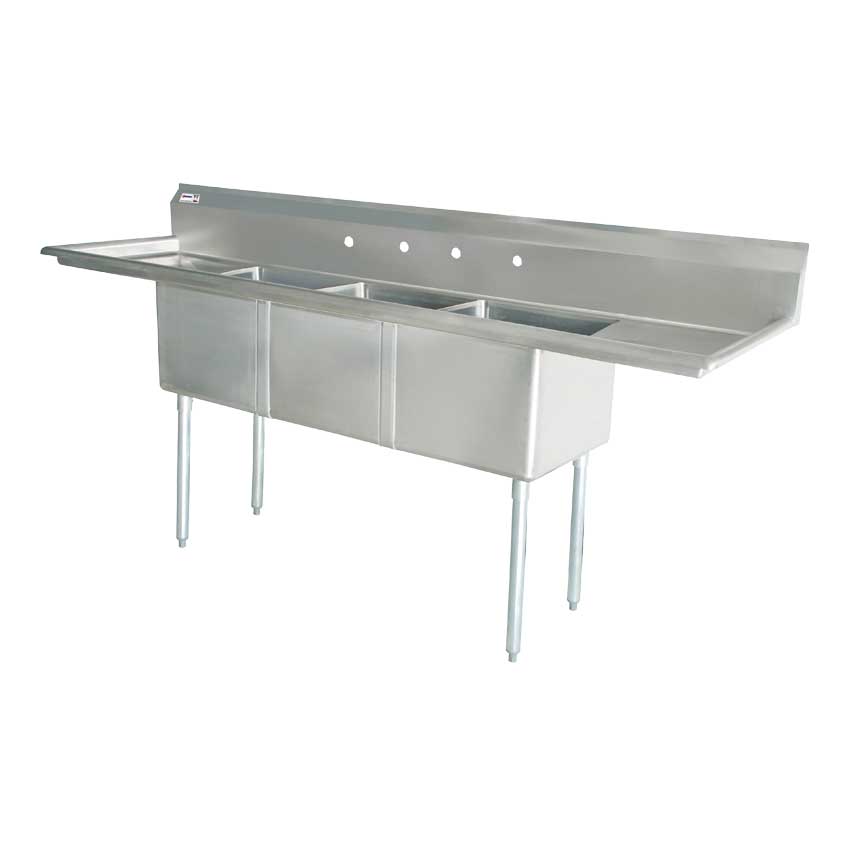 Omcan 25261 24" x 24" x 14" Three Tub Sink with 1.8" Corner Drain and Two Drain Boards