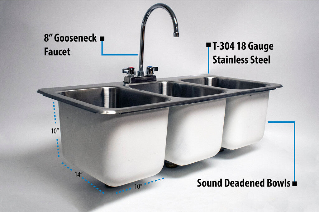 BK Resources DDI3-10141024-P-G 3-Compartment Stainless Steel Dropin Sink 14L X 10W X 10D Bowls w/Faucet